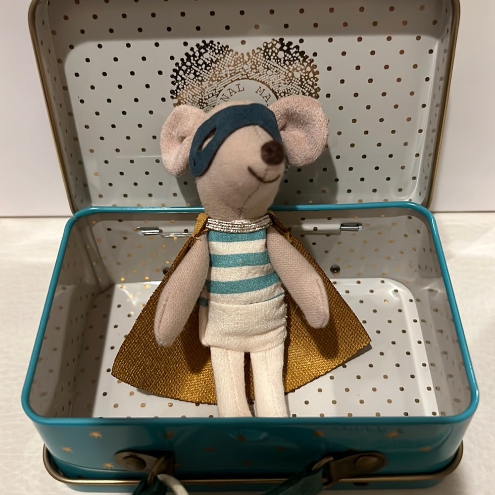 Maileg Super Hero Mouse (Blue) in Suitcase